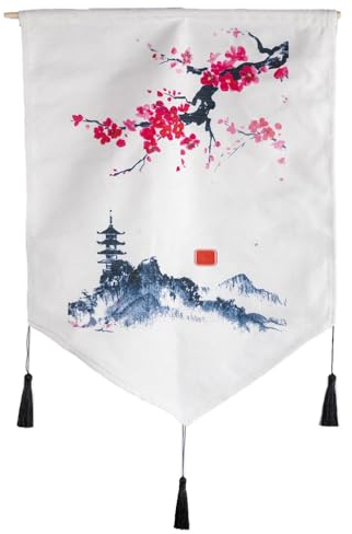 lachineuse - Tapisserie Murale Japonaise Pagode - Décoration Japonaise Zen à Suspendre - 56 x 44 cm - Tableau Japonais Traditionnel Mur Panneau - Coloris Blanc, Noir - Idée Cadeau Japon Asiatique