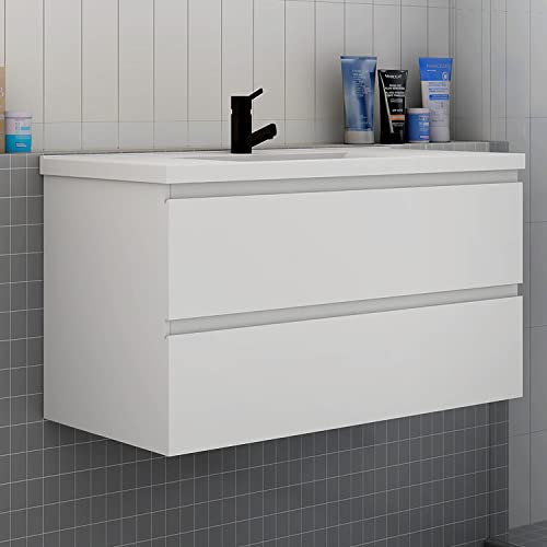 Acezanble 1000mm Bathroom Vanity Unit with Basin Sink Cabinet Wall Mounted, 2 Soft Drawers-White