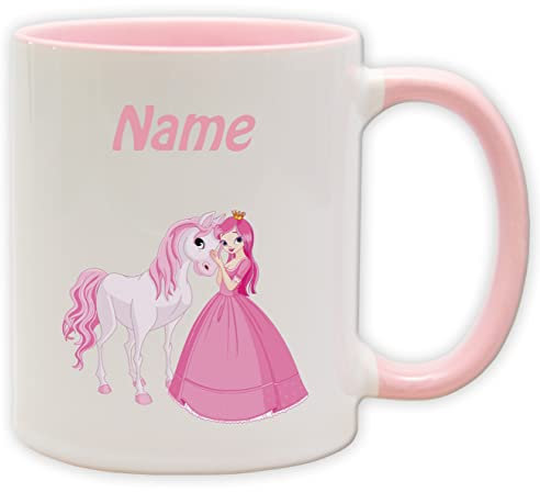 Texmacher Kindertasse - Becher mit personalisiertem Namen und Motiv - Spülmaschinenfest und beidseitig bedruckt (Prinzessin_Henkel&Innen_Pink)