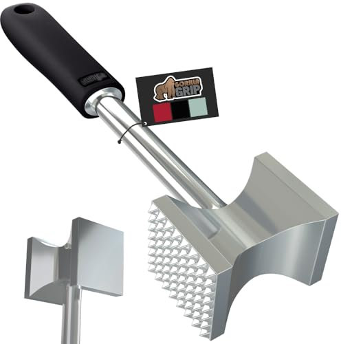 Gorilla Grip Heavy Duty Meat Tenderizer, Oversized Kitchen Mallet, Soft Grip Handle, Tool Maximizes Food Flavor, Spiked Side Tenderizes, Flat Smooth Flattens Steak, Pound Beef, Commercial Grade, Black