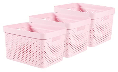 Curver Infinity Dots Set of 3 Storage Baskets, 100% Recycled Resin, Nestable & Lightweight, 17 Litres, Pink