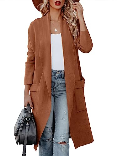 Maavoki Strickjacke Damen, Langarm Offene Front Cardigan mit Tasche, Casual Lange Einfarbig Strickmantel Hellbraun, M