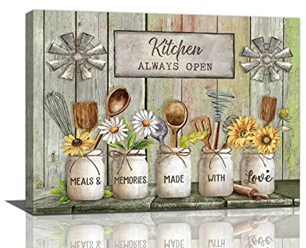Farmhouse Kitchen Wall Art Country Tableware Pictures Wall Decor Rustic Flowers Painting Vintage Kitchen Framed Artwork Canvas Home Decorations for Dining Room Restaurant Living Room 12x16