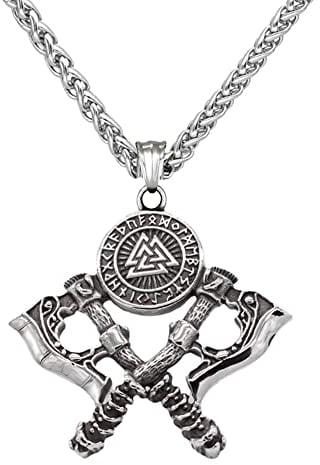 Norse Viking Axe Necklace - Men's Stainless Steel Valknut Double Axe Pendant Necklace - Nordic Rune Odin Warrior Axe Amulet Vintage Fashion Pirate Jewelry
