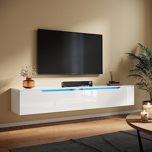 SUNXURY TV Schrank, TV-Ständer Hängend, Fernsehschrank, TV Lowboard mit LED Beleuchtung, TV Möbel Tisch Board Weiss, 180 x 35 x 30 cm Holz