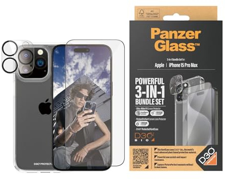Panzer Glass Apple iPhone 15 Pro Max 2023 17 cm (6,7 Zoll) ultimativer Schutz, 3-in-1 Bundle – ClearCase mit D3O + UWF Displayschutzfolie + Kameralinsenschutz | Voller 360-Grad-Schutz vor Stürzen und