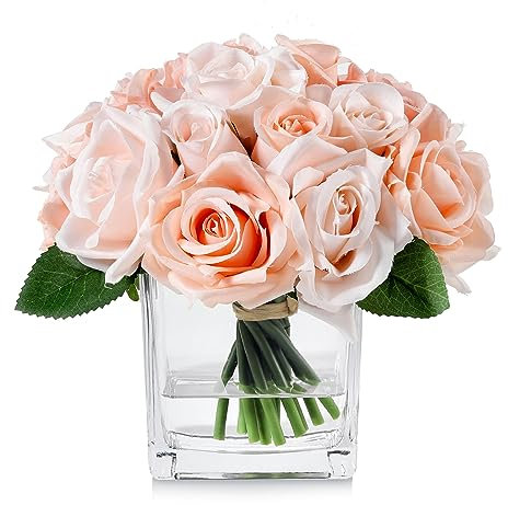 JOJOWOO Seidenrosen in Vase, 18 Köpfe, künstliches Blumenarrangement in Vase mit künstlichem Wasser für Heimdekoration (Rosa)