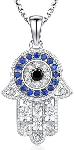Fatima Hand Kette Silber 925 Hamsa Hand Kette für Damen Hand der Fatima Kette und Blaue Auge Fatima Hand Anhänger Silber Halsketten Fatimas Hand Schmuck für Damen Mädchen