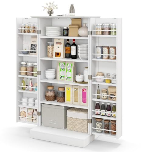 TANGZON 41/47 Kitchen Cupboard, Kitchen Pantry Cabinet with Doors & Adjustable Shelves, Space Saving Larder Storage Cupboard Organiser for Dining Room Living Room Entryway (60 x 40 x 120cm, White)