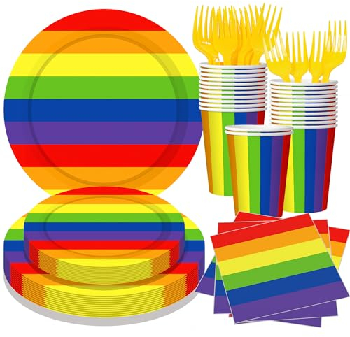 fanquare Set di stoviglie per feste arcobaleno 120 pezzi Piatti di carta a strisce colorate Stoviglie per feste Include piatti di carta, tazza, tovagliolo e forchette per feste dell'orgoglio 24 ospiti