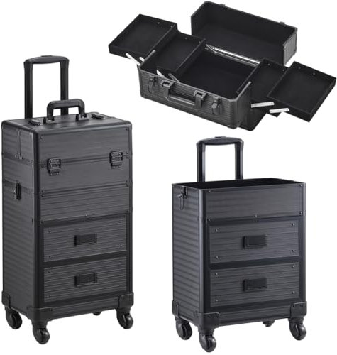 Qivange 4 in 1 Makeup Case Aluminium Vanity Case with Detachable Makeup Box and 2 Sliding Drawers,Professional Beauty Hairdressing Trolley on Wheels with Key Lock (Black)
