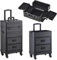Qivange 4 in 1 Makeup Trolley Aluminium Makeup Vanity Case with Detachable Makeup Box and 2 Sliding Drawers,Professional Beauty Hairdressing Makeup Trolley on Wheels with Key Lock (Black)