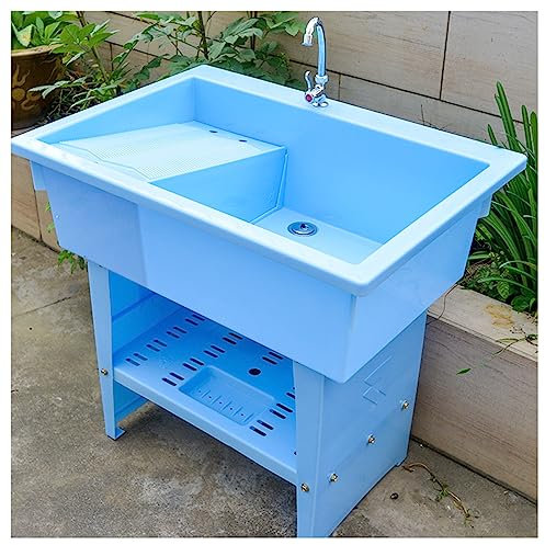 Évier autonome, station de lavage des mains portable, évier extérieur, évier en plastique, avec robinet chaud et froid, évier à linge en plastique autonome avec planche à laver, pour garage, sous-sol,