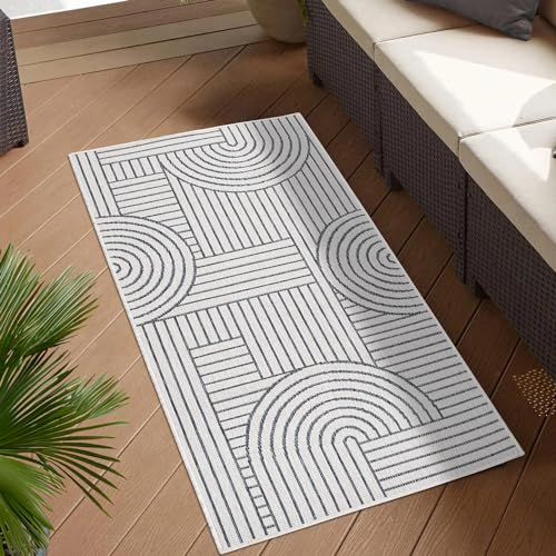 carpet city Outdoor Teppich Wetterfest 80x150 cm - Creme-Grau - Wendeteppich, Beidseitiges Geometrisches Muster - Balkonteppich Wasserfest Outdoor - Terrassenteppich