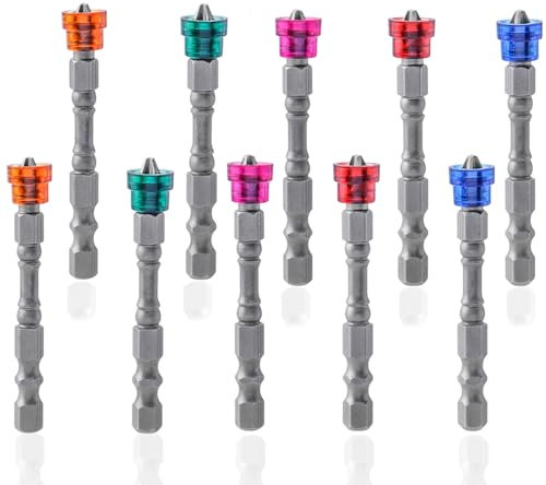 Treki Colourful PH2 Screwdriver Bits Set, 10pcs Magnetic Collar Screwdriver Bit 1/4 Inch Hex Shank Ph2 Magnetic Phillips Cross Screw Bits Ph2 Impact Drill Bits-65mm Length
