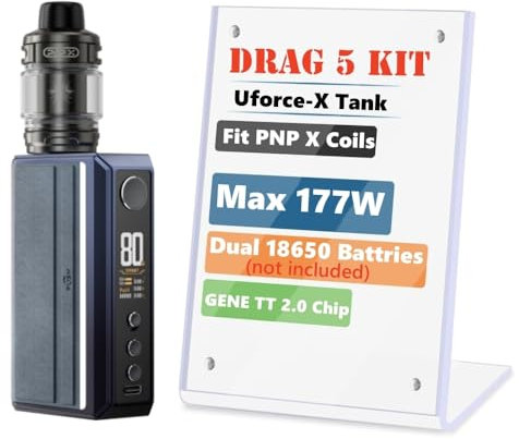 VOO'POO Drag 5 Kit 177 W Uforce X Atomizador 5,5 ml PNP X Bobina 0,15/0,3ohm Baterías Dual 18650 (Baterías no incluidas) Cigarrillo Electrónico Vape Original (Azul degradado) - No Nicotine