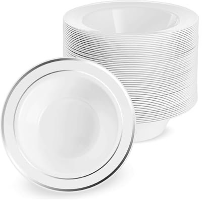 MATANA 100 Weiße Plastikschalen mit Silbernem Rand, Suppenteller, Suppenschalen (360ml) - Suppenschüssel für Hochzeiten, Geburtstage, Taufen, Weihnachten, Partys - Mehrweg & Stabil