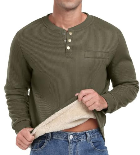 Sailwind Herren Henley Sweatshirts Mit Plüsch Waffel Langarm T Shirt Warm Thermo-Oberteile Lässiger Winter Pullover Sweater Für Männer (Armeegrün, L)