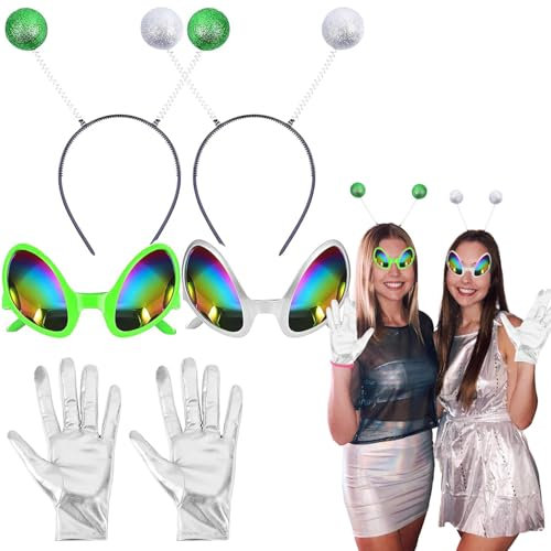 AEYAKA Alien Kostüm 2 set Alien Brille Alien Antennen Stirnband Silberne Handschuhe Grünes Kostüm Cosplay für Halloween, Karnevalsparty-Kostümzubehör