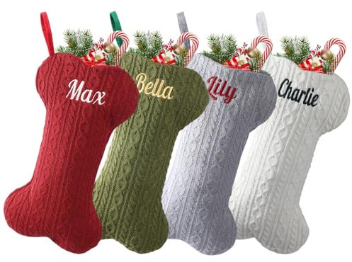 Lifemaison Weihnachtsstrumpf Hunde mit Namen,Weihnachtsstrumpf Personalisiert Groß Gestrickt Bestickte Nikolausstrumpf mit Namen Geschenktasche für Haustier Personalisierte Xmas Socken Hundeknochen