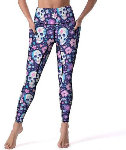 VOSERY Damen-Leggings mit hoher Taille, Motiv: Totenkopf, rosa und violette Blumen, bequeme Yogahose, Workout-Leggings mit Taschen