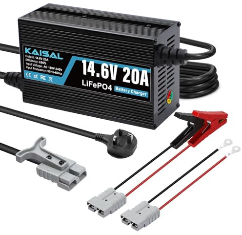 KAISAL 12V 20A Lithium Battery Charger, 14.6V LifePO4 Battery Charger for 12.8V LiFePO4 Lithium Deep Cycle Rechargeable Batteries 12 Volt Charger with 2 Connectors for RV, Boat, Car, Marine, Solar