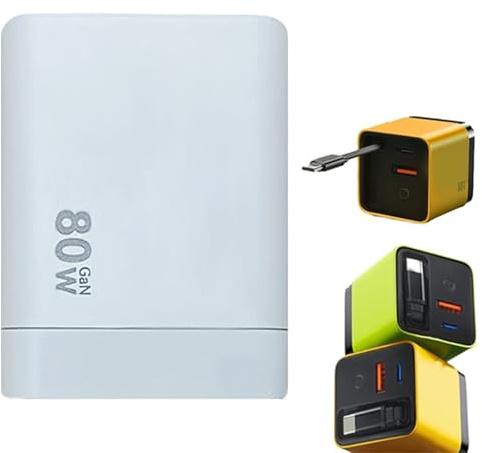 3 in 1 Ladegerät, skalierbares 80W MAX-Schnelllademodul mit Typ-C-Kabel und 2 USB-Anschlüssen, USB C Ladegerät, 80W Schnellladegerät mit Schnell Einziehbares Ladekabel für Handy und Laptop (Weiß)