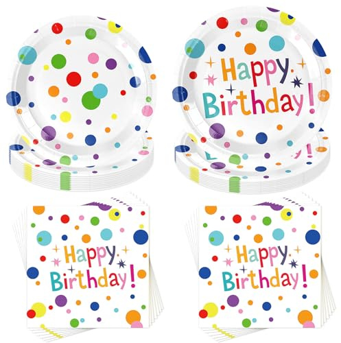 Partygeschirr Set,40 Stück Bunt Partygeschirr Kindergeburtstag,Bunt Polka Dot Design Thema Geburtstag Party,mit Pappteller Servietten,für 10 Gäste