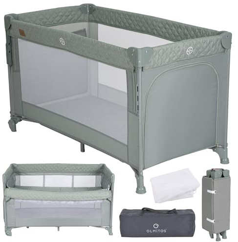 Olmitos - Cuna de Viaje Colecho 3 en 1 Trend Cun con Mosquitera 0-3 años (0-15kg) Plegable, Ligera, Doble Altura, Lateral Abatible, Parque de Juegos y Bolsa de Transporte (Verde)