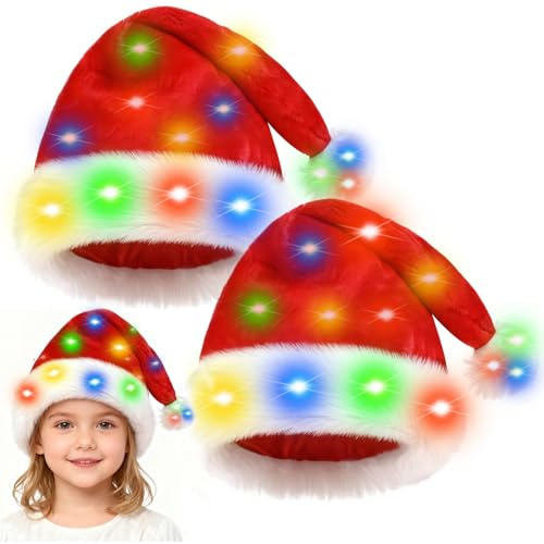 Hifot LED Weihnachtsmütze Erwachsene,Nikolausmütze Plüsche Weihnachtsmann Mütze mit Licht Rote Santa Mütze für Weihnachtsfeier - Batterie Nicht Inbegriffen