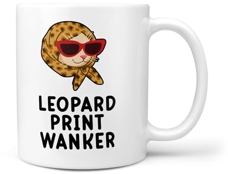 TeHeGifts Leopard Print Wanker Mug – Funny 11oz Ceramic Coffee Cup – Humorous Gift for Animal Print Fans UK