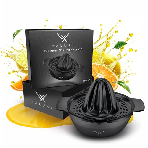 VALUXE® Zitronenpresse Edelstahl Black Edition mit 350ml Behälter | Spülmaschinengeeignete Zitruspresse für Zitronen, Limetten & Orangen - Limetten-Presse, Lemon Squeezer, Orangenpresse schwarz