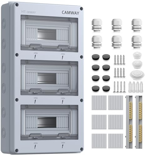 CAMWAY Sicherungskasten Aufputz 3-Reihig 36 Module, Verteilerkasten Aufputz IP65 Waterproof, Feuchtraum Aufputzverteiler mit 9+9 Messingklemmen und Abdeckung Dichtung für Garten oder Außenbereichen