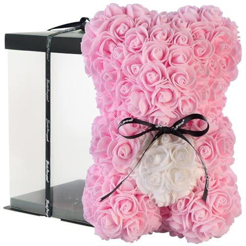 infactory Figuren: Rosenbär aus künstlichen Rosen, pink, mit Geschenkbox (Rosenbär Geschenk, Rosen Teddybär für Muttertag, Deko)
