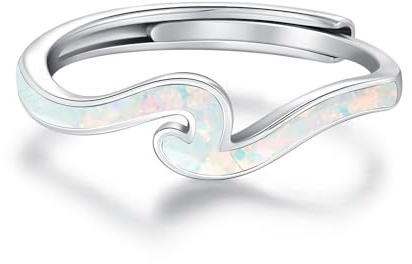 TRISHULA Wave Ring 925 Sterlingsilber Damen Ozean Wellen Ring Verstellbarer Weiß Opalring für Frauen und Männer Ozean Schmuck Weihnachts Geschenke