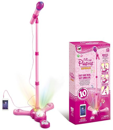 Kids Karaoke Machine with Adjustable Stand, Pink Kids Microphones with Rotating Light Ball for Singing Along with Rotational Flashing Stage Lights and Pedals Gift for Girls and Boys