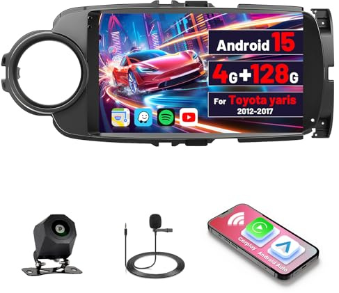 Inefala 4G+128G Autoradio Android 15 per Toyota Yaris 2012-2017 | 9 Pollici Touchscreen, Wireless CarPlay, Android Auto, GPS, WiFi, RDS/FM, BT, SWC, Retrocamera, Mic