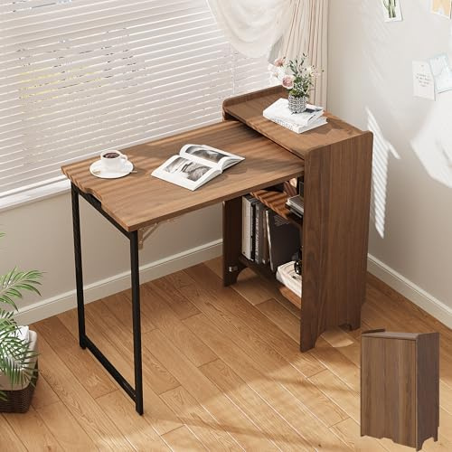 DEZAGCE Folding Desk Table with Storage Shelves, Multifunctional Foldable Home Office Desk, Space Saving Compact Writing Desk for Living Room Bedroom, Dorm, Apartment, Walnut Finish
