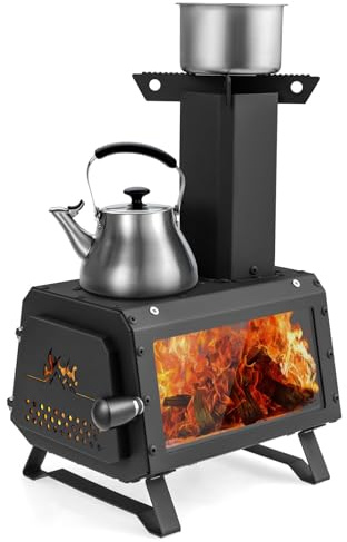 FANTASK Rocket Stove Outdoor, Campingofen mit Sichtfenster zwei Kochflächen Aschefach, Holzofen Kanonenofen Zeltofen für Garten Camping, Schwarz