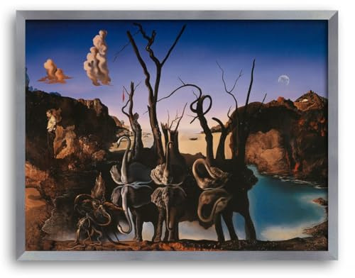 Salvador Dalí Kunstdruck Schwäne spiegeln Elefanten 50x70 cm Wandbild mit kräftigen Farben inkl. Rahmen Skane in Alu geschliffen Dekor aufhängfertig Made in Germany