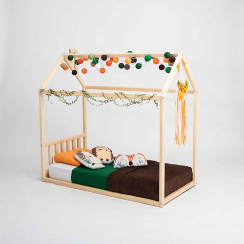 Sweet Home from Wood Montessori Bodenbett mit Lamellen Hausbett Hausbett Bettgestell Kleinkindbett (140 x 70 cm)