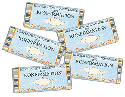 STEINBECK Konfirmation Tischdeko 5er Set Mini Schokolade Vollmilch Tafeln Herzlichen Glückwunsch Geschenk süß Mitgebsel Konfirmand Fisch Dekoration Deko Alles Gute
