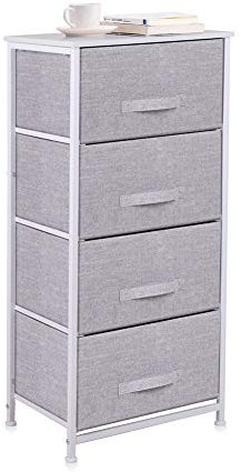 Chest of Drawers, 4 Fabric Storage Drawers Tower with Wooden Top and Metal Frame, Cloth Storage Organizer for Bedroom Living Room Closet Hallway, Grey