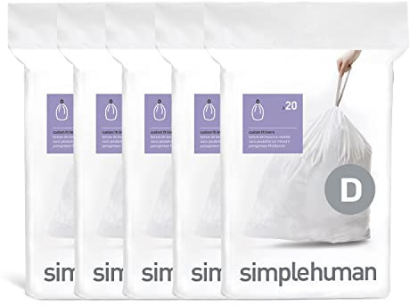 simplehuman Code D 100 Liners, 50% Recycled Custom Fit Bin Bags in Dispenser Packs, Durable Drawstring Tie Handle, 20L, White