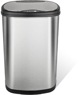 Ninestars 13 Gallon Oval Automatic Trash Can, 50L Touchless Motion Sensor Garbage Can with Odor-Sealing Lid & One-Touch Manual Mode, Silver Stainless Steel, Black Trim