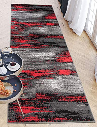 Carpeto Rugs Teppich Läufer Flur - Modern Teppichläufer – Kurzflor, Weich - für Küche Vorzimmer Eingangsbereich Schlafzimmer - Meterware 70 cm Breit - Grau Rot 70 x 250 cm