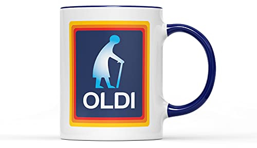 Oldi Woman Mug- Birthdays Christmas Funny Gift Presents Mother's Day Celebration Novelty Coffee Tea Heavy Duty Handle Dino Coated Dishwasher/Microwave Safe Sublimation Ceramic (Colbalt Handle Prime)