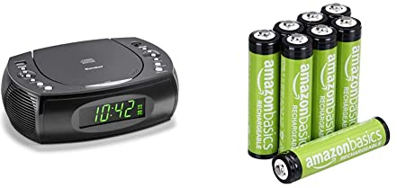 Karcher UR 1308 Radiowecker mit CD Player und UKW Radio – Wecker mit Dual-Alarm, USB-Charger & Batterie Backup Funktion & Amazon Basics AAA-Batterien, wiederaufladbar, vorgeladen, 8 Stück
