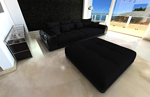 Big Sofa Miami Mikrofaser mit USB Anschluss und LED-Beleuchtung wahlweise mit Hocker/Leder/Zierkissen (mit großen Hocker, Schwarz-M14)