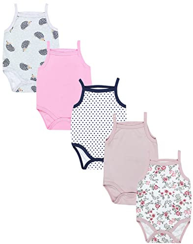 TupTam Body Baby Mädchen 5er Set – Sommer Body Baby mit Spaghettiträgern aus 100% Baumwolle, Farbe: Igelchen/Blumen/Rosa/Grau, Größe: 86